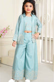 Sky Blue Sequins Work Palazzo Set With Overcoat For Girls