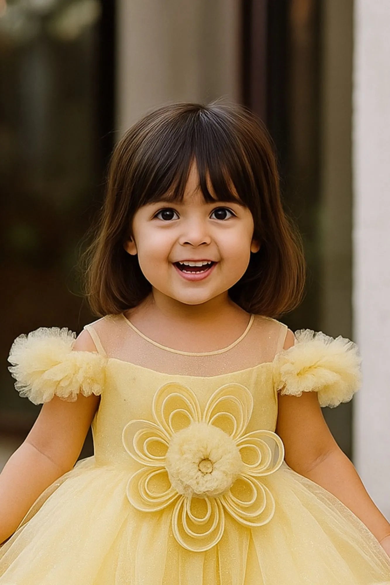 Lemon Yellow Ruffle Frock with 3D Floral Appliqué For Girls