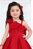 Red Sleeveless And Floral Embellished Frock For Girls