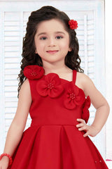 Red Sleeveless And Floral Embellished Frock For Girls