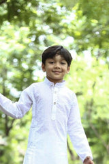 White Kurta Pyjama Set with Subtle Self-Design Embroidery For Boys