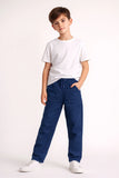 Navy Blue Linen Straight-Fit Pants with Elastic Waist For Boys