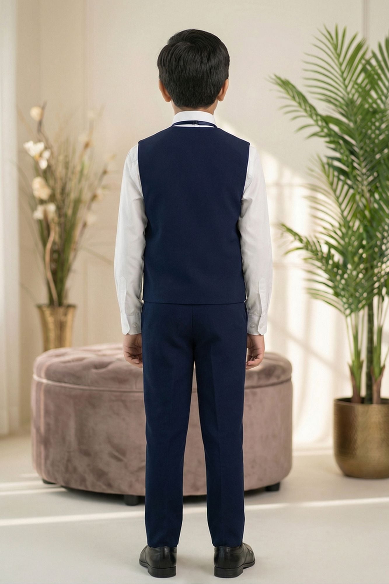 Navy Blue Embroidered 5-Piece Suit Set With Brooch For Boys