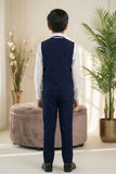 Navy Blue Embroidered 5-Piece Suit Set With Brooch For Boys