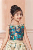 Cream And Teal Floral Print And Traditional Patchwork Lehenga Choli For Girls