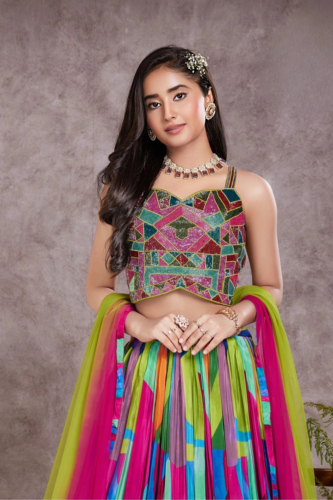 Multicolor Heavy Bead Embroidered Crop Top with Abstract Print Lehenga For Girls