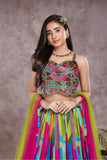 Multicolor Heavy Bead Embroidered Crop Top with Abstract Print Lehenga For Girls