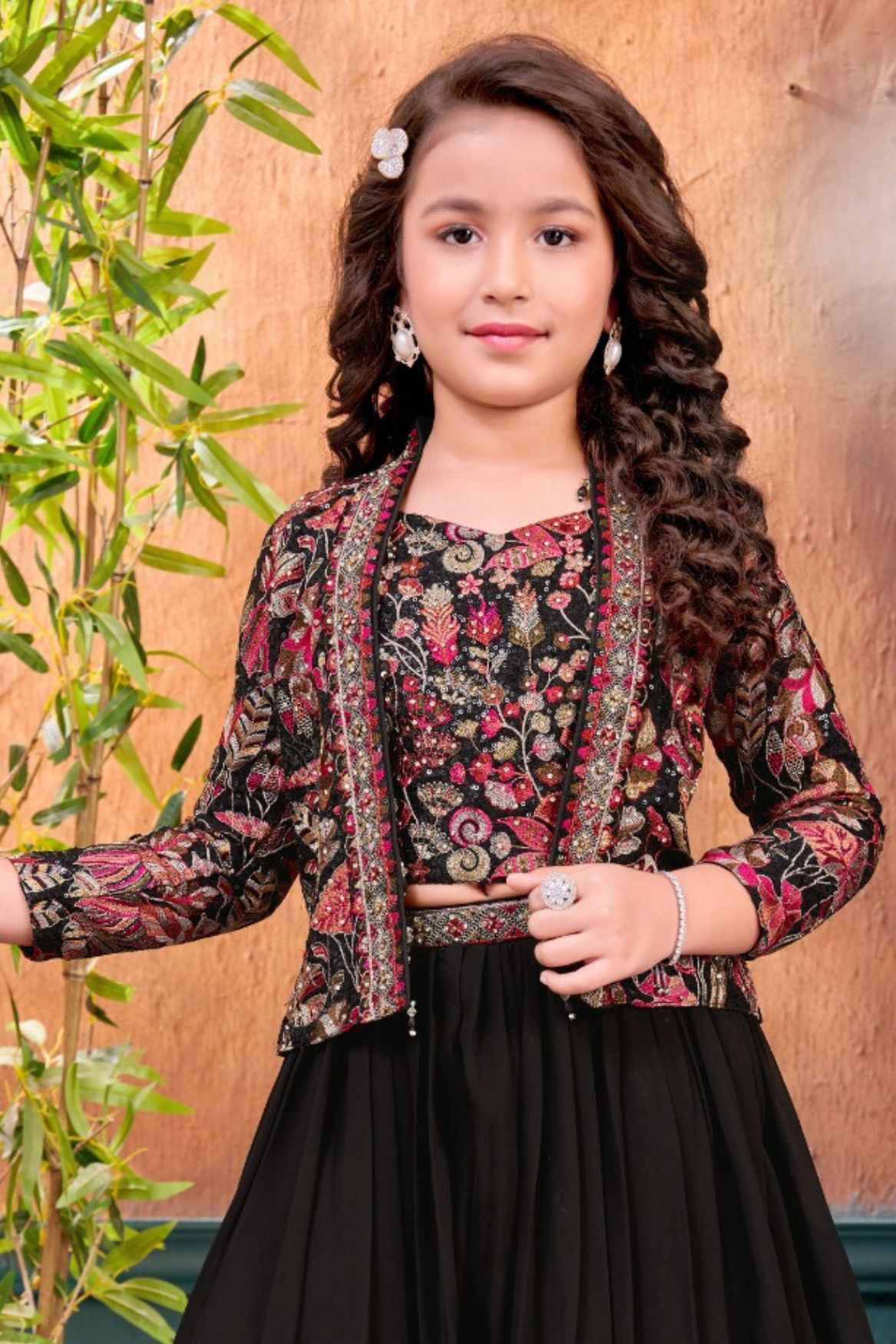 Black Palazzo Set With Sequin And Embroidered For Girls