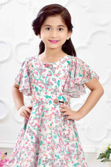 Stylish Cream Printed Ruffled Sleeves Dress For Girls