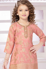 Peach Banarasi And Sequined Sharara Set For Girls