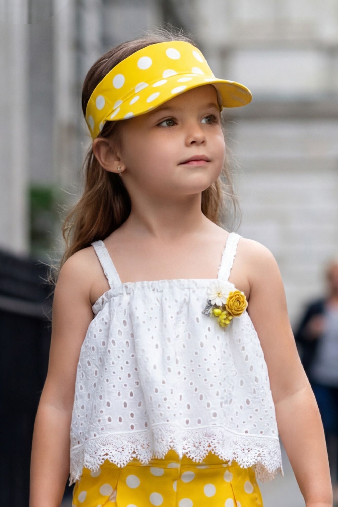Yellow Polka Dot Pant Set with Lace Top For Girls