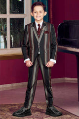 Classic Black And Maroon Vertical Striped Blazer Set For Boys