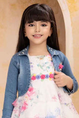 White Sleeveless Floral Printed Frock With Denim Overcoat For Girls