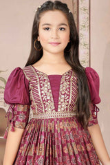 Ethnic Magenta Gown With Kalamkari Print With Sequins Embroidery For Girls