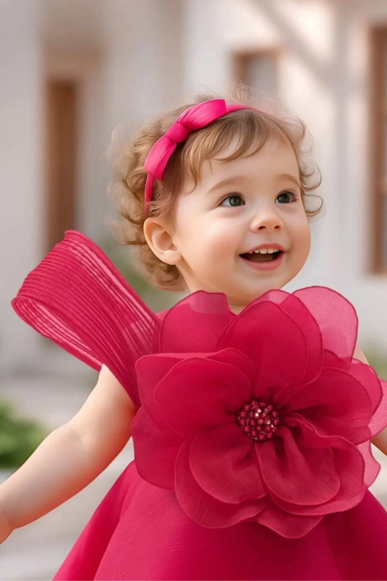Pink Bloom Dress with Giant Flower Appliqué And Bow Detail For Girls