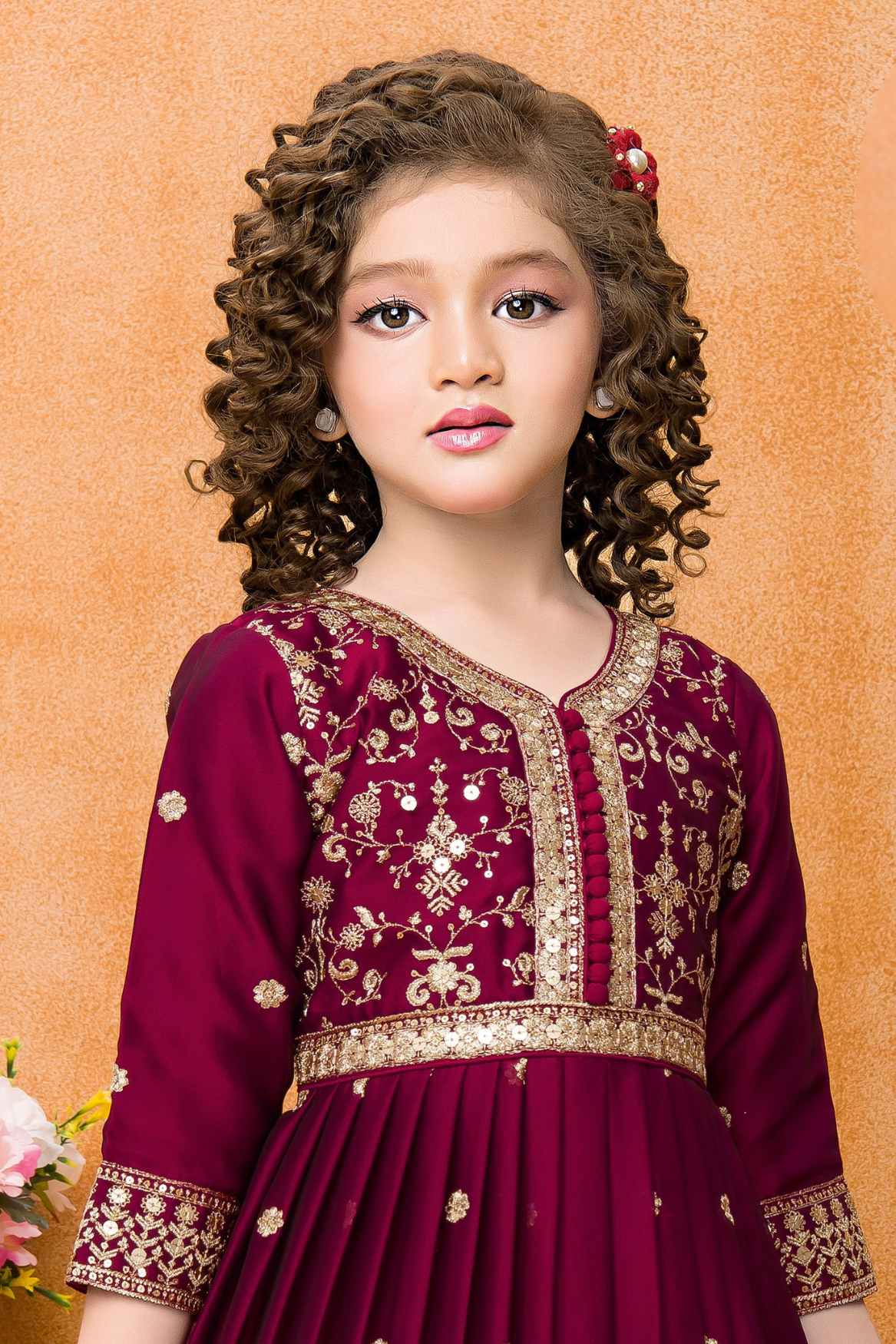 Maroon Sequins Work And Zari Embroidered Ethnic Gown For Girls