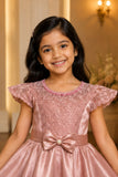 Dusty Pink Satin Party Frock with Floral Lace Bodice