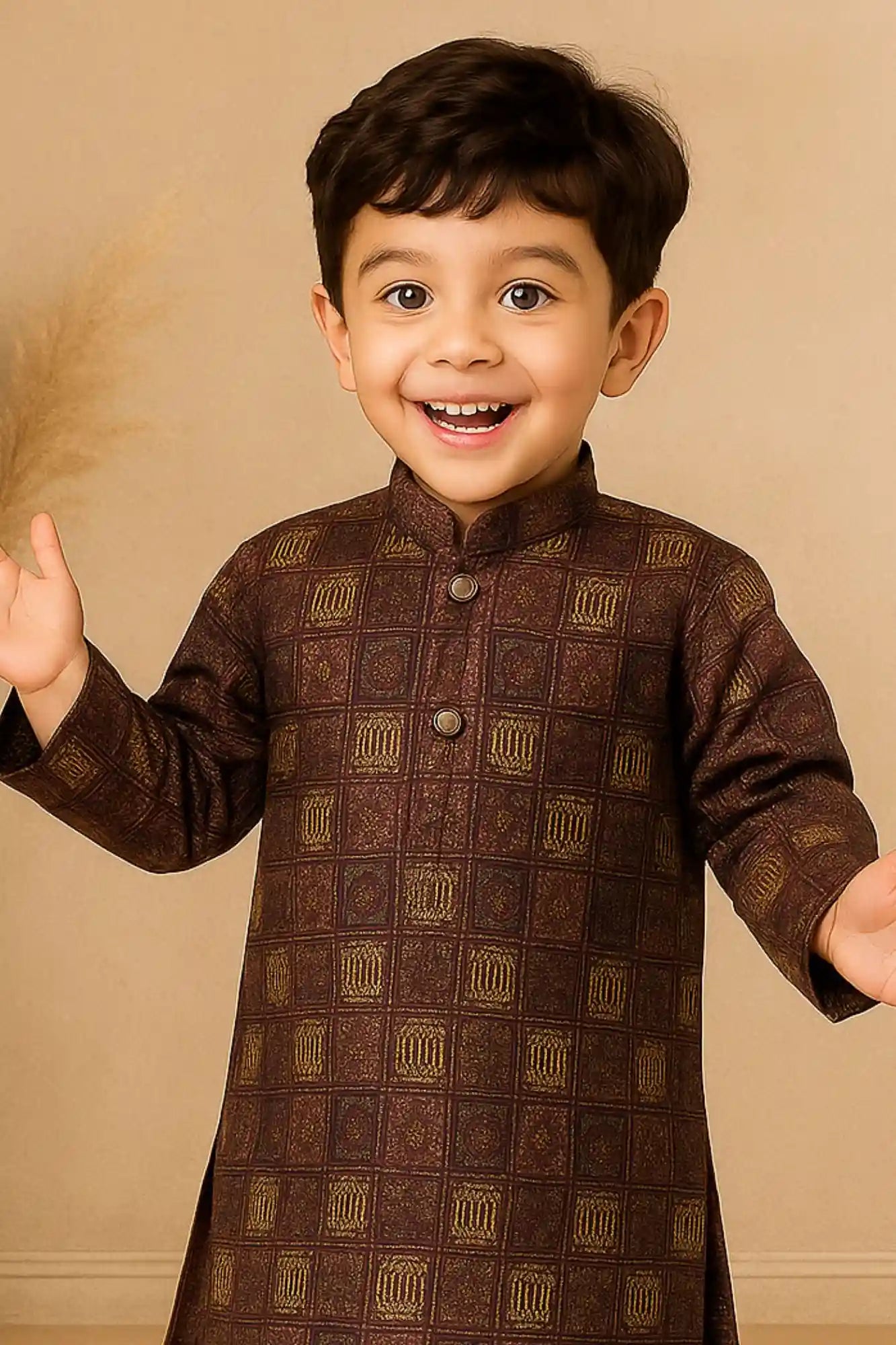 Purple And Beige Printed Kurta Set with Sequins Embroidery For Boys