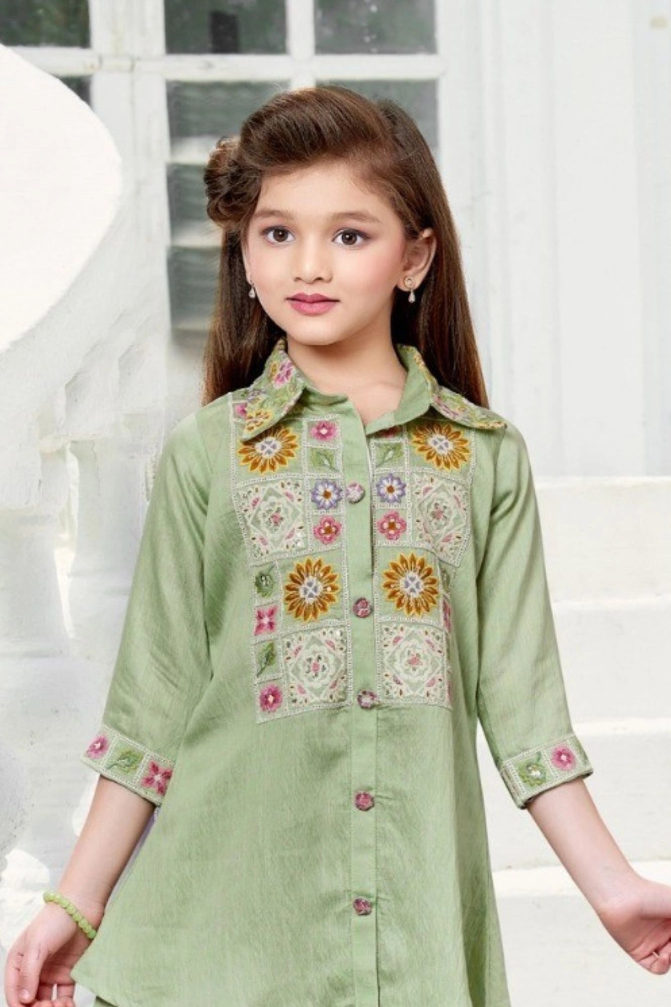 Soft Pista Green Embroidered Co-ord Set For Girls