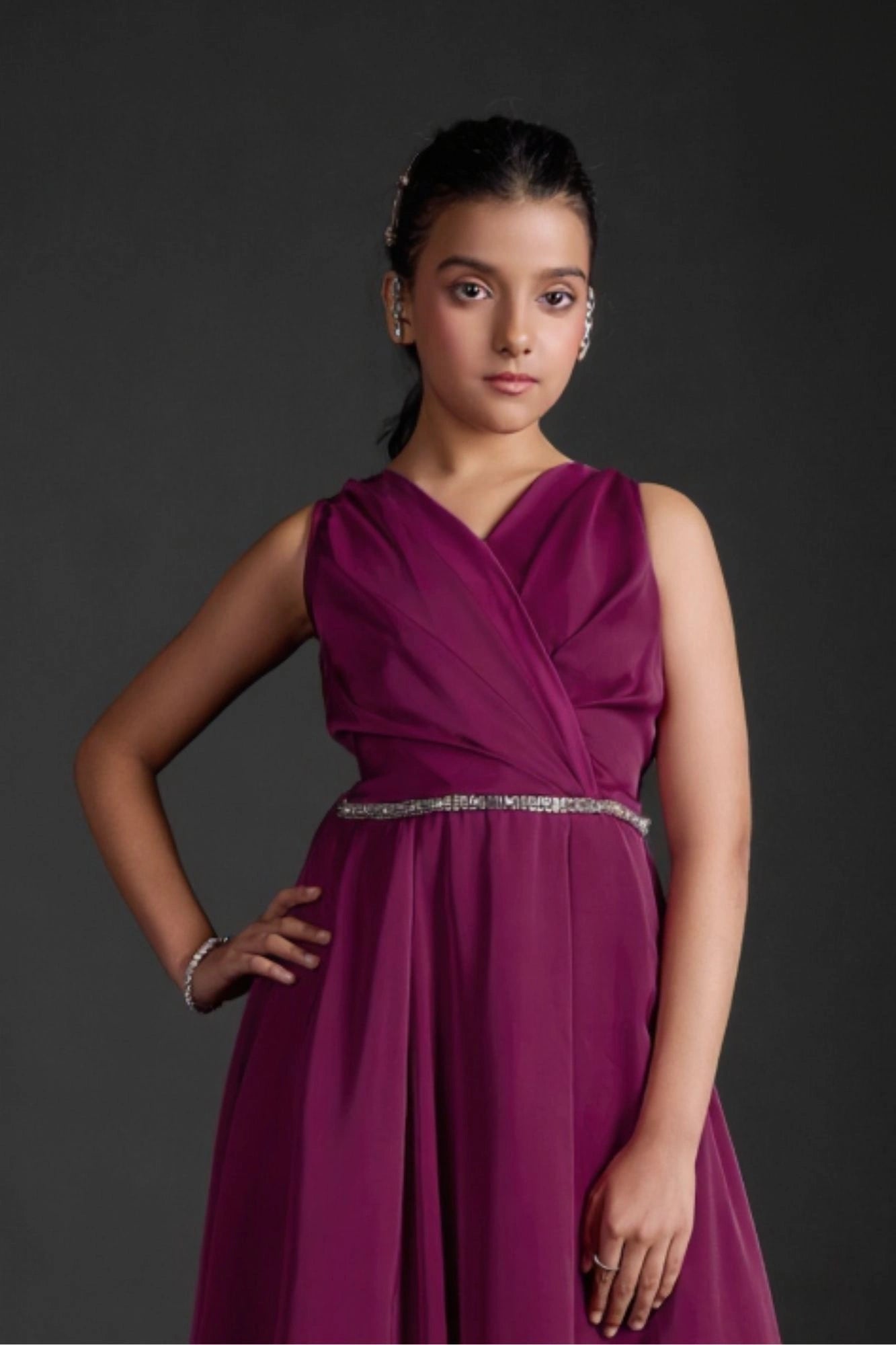 Wine Satin Evening Gown with Pleated Overlap Bodice For Girls