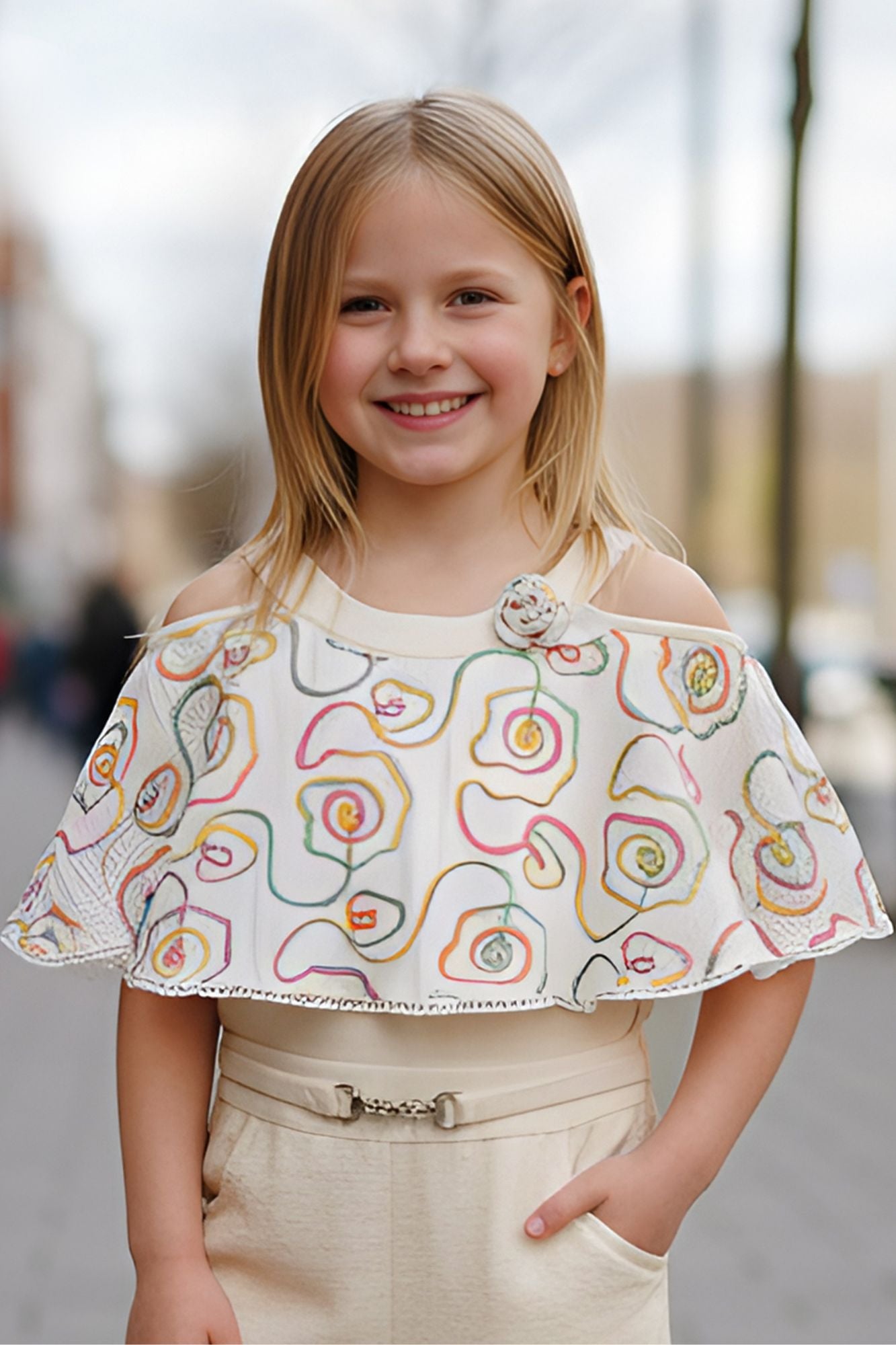 Cream Cold-Shoulder Cape Top And Pant Co-ord Set For Girls