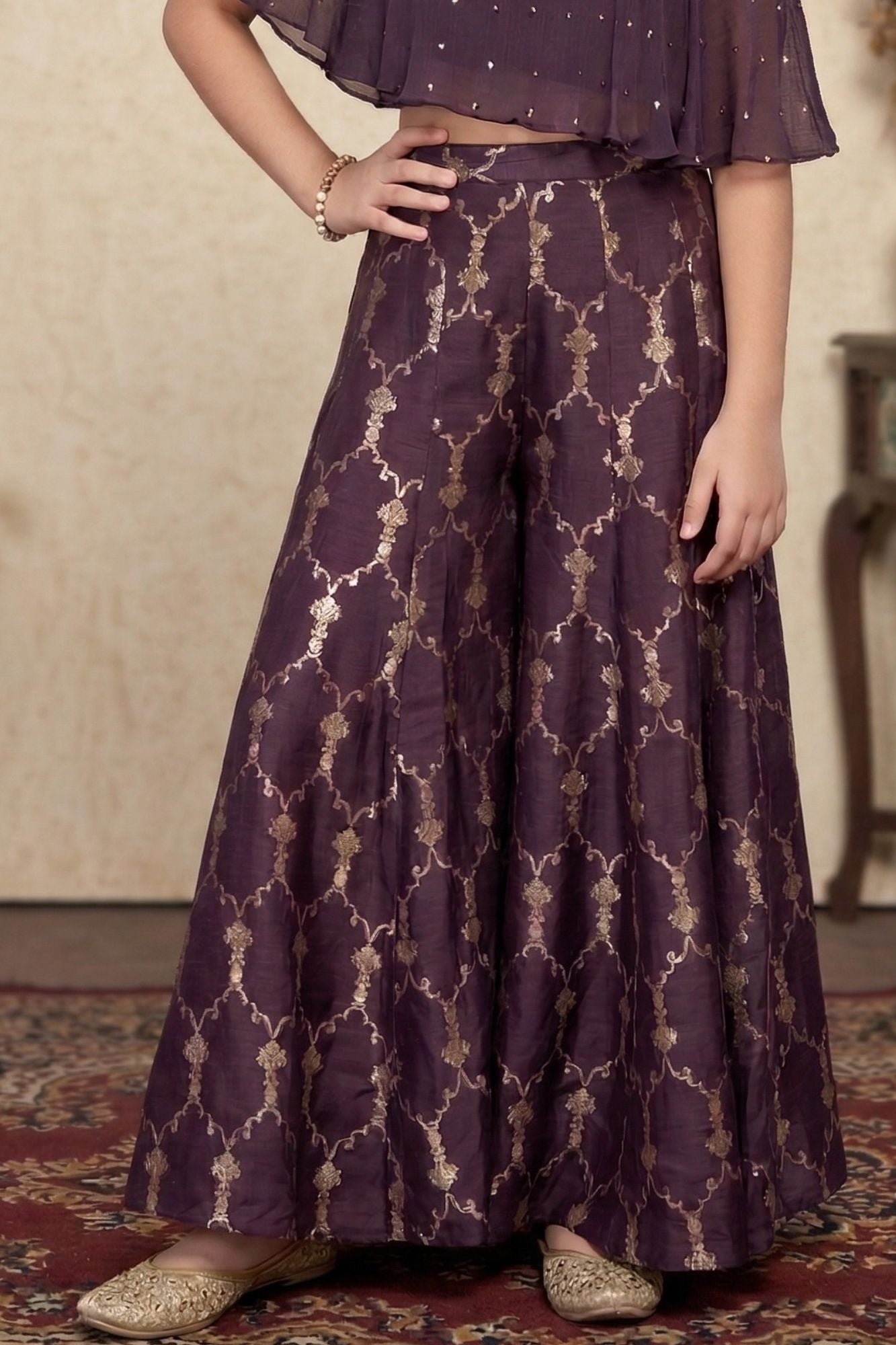 Wine One-Shoulder Cape Top With Gold Foil Print Palazzo Set For Girls