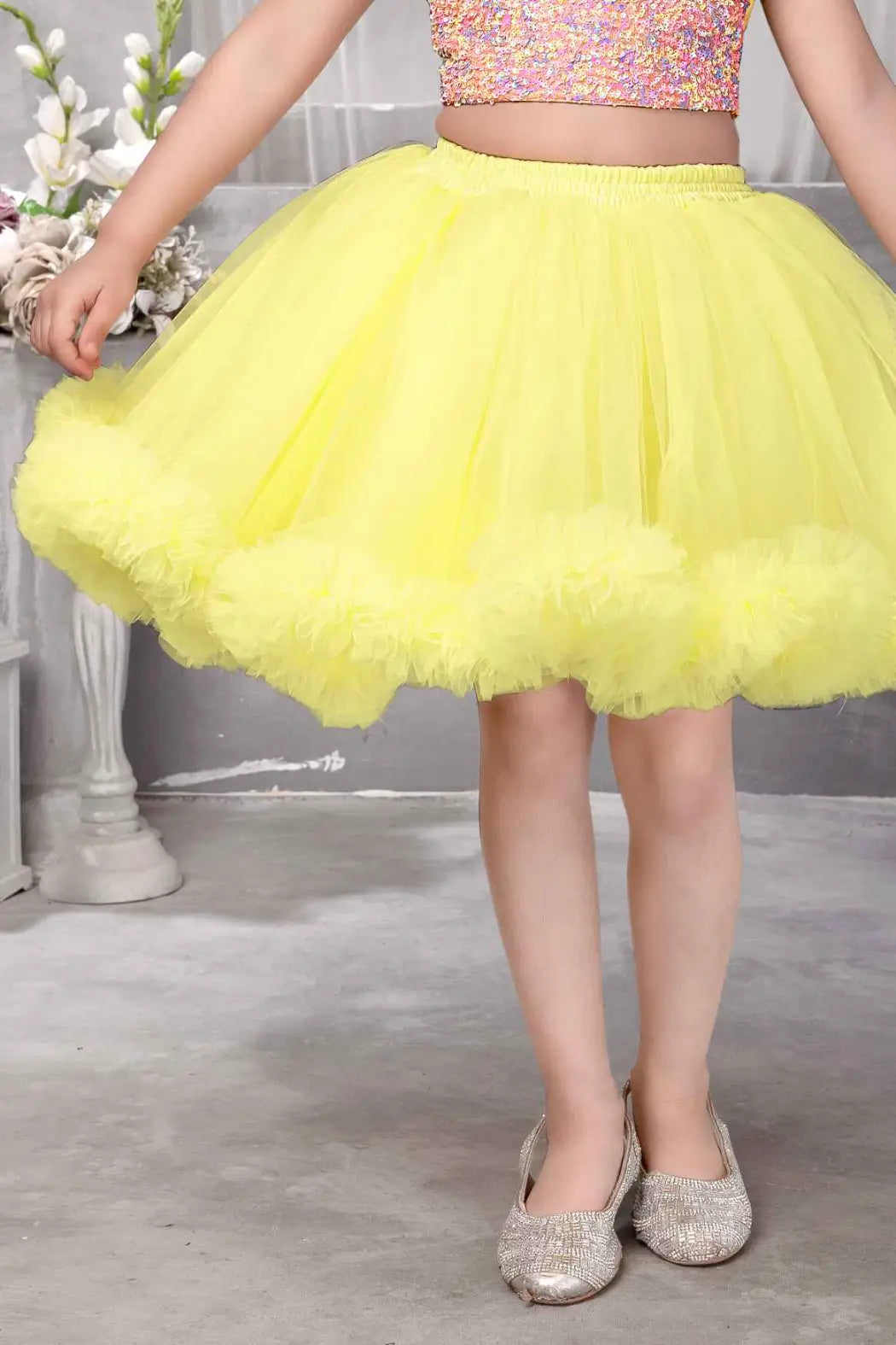 Lemon Yellow Frill Skirt with Multicolor Sequin One-Shoulder Top For Girls