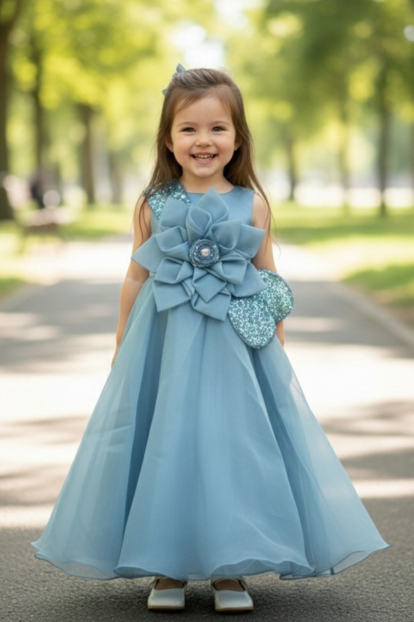 Blue Party Wear Gown with Oversized Floral Appliqué and Glitter Accent For Girls
