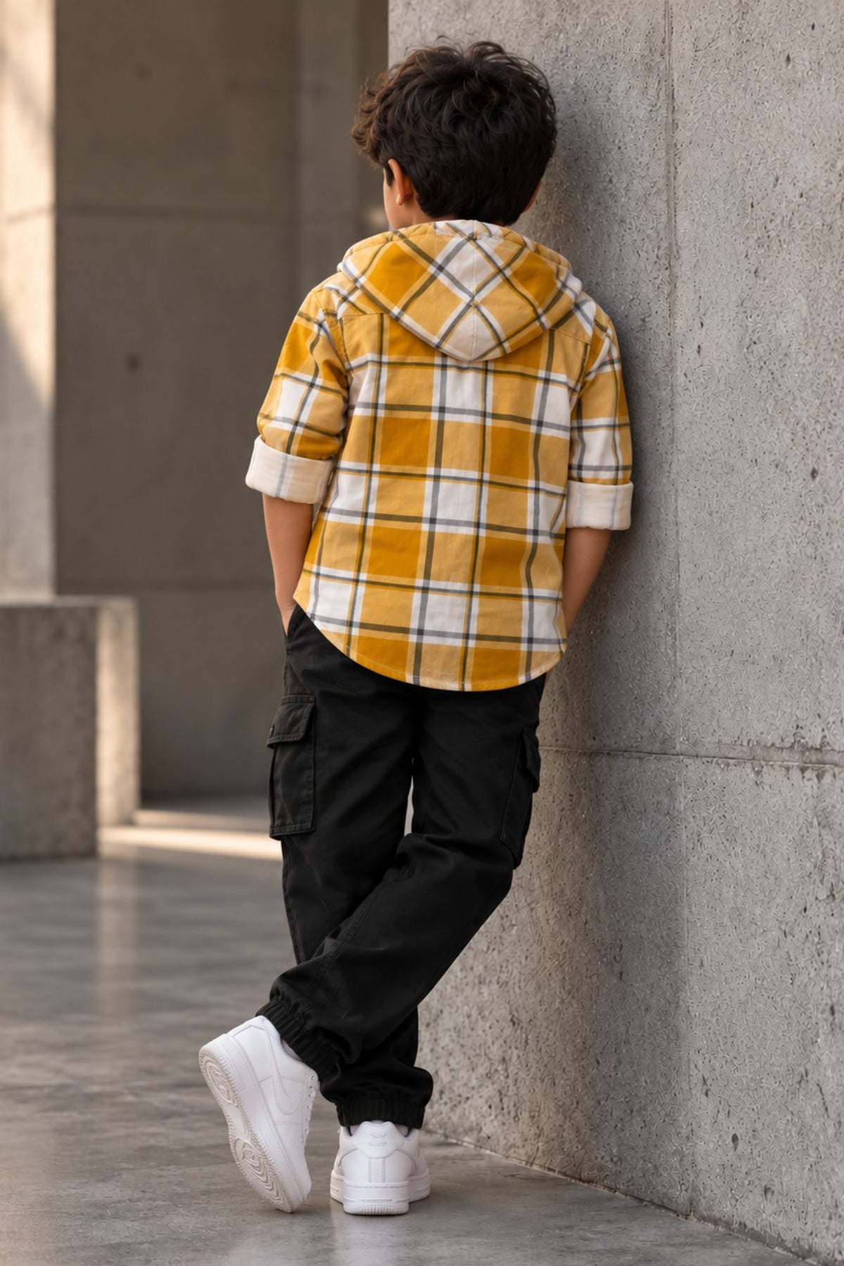Boys Mustard Yellow & White Checked Hooded Corduroy Shirt With Printed T-Shirt
