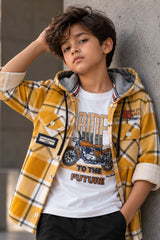 Boys Mustard Yellow & White Checked Hooded Corduroy Shirt With Printed T-Shirt