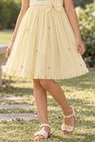 Girls Lemon Yellow Embroidered Ruffle Sleeve Flared Dress