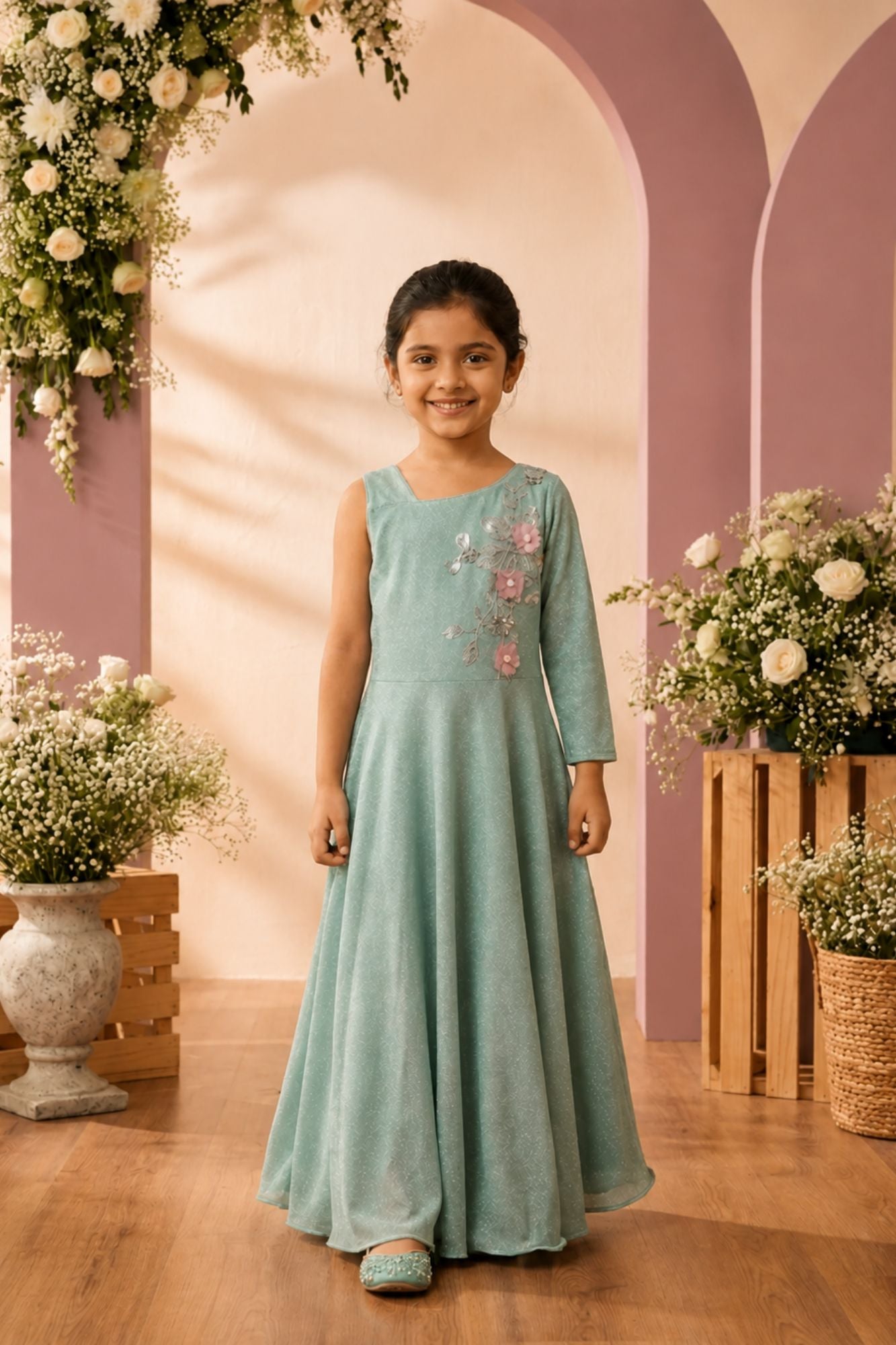 Girls Sage Green One Shoulder Embellished Gown with Floral Applique