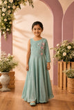 Girls Sage Green One Shoulder Embellished Gown with Floral Applique