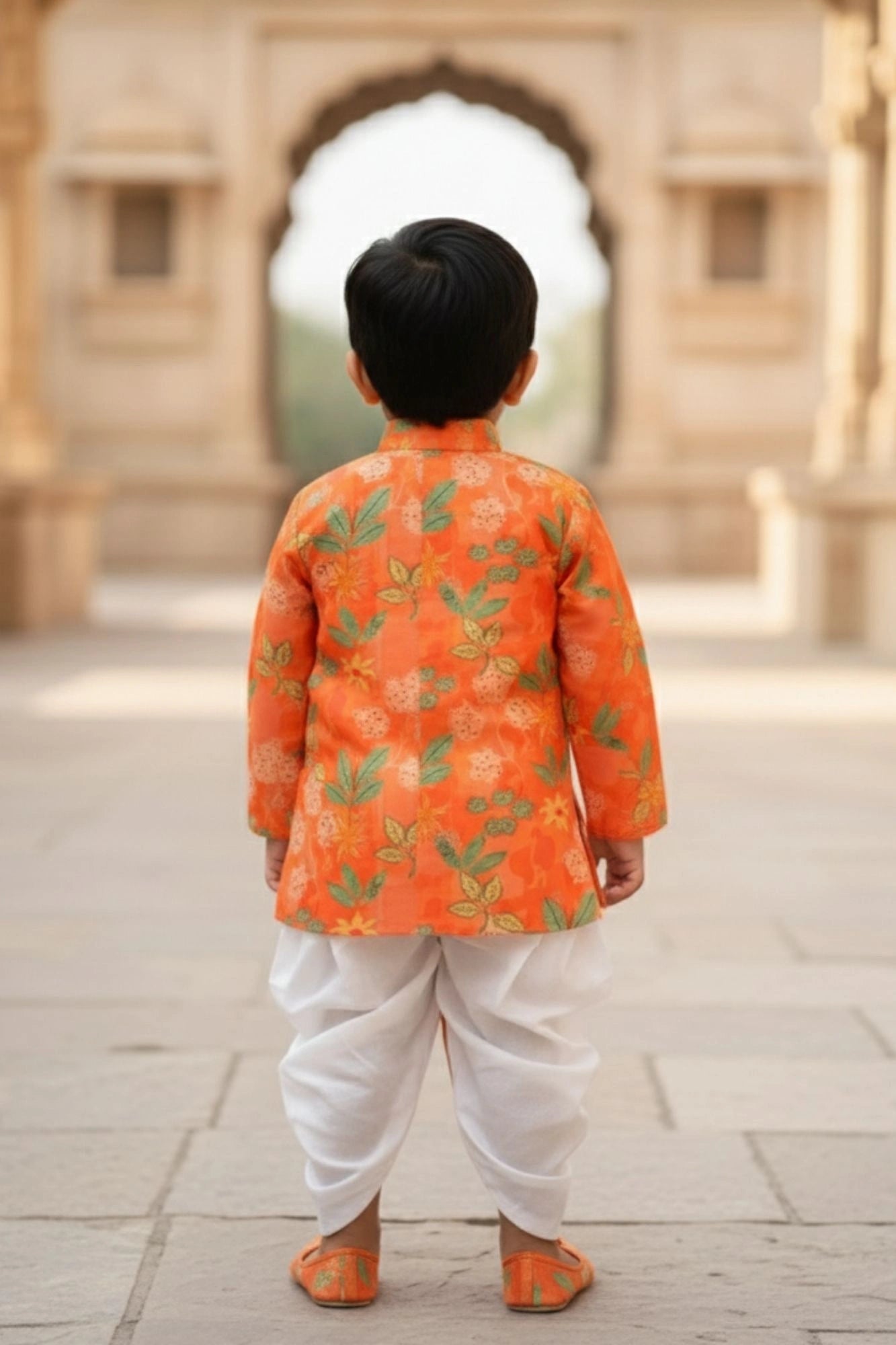 Orange Floral Printed Dhoti Set For Boys