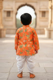 Orange Floral Printed Dhoti Set For Boys