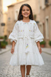 White Tiered Dress with Pastel Embroidered Jacket For Girls