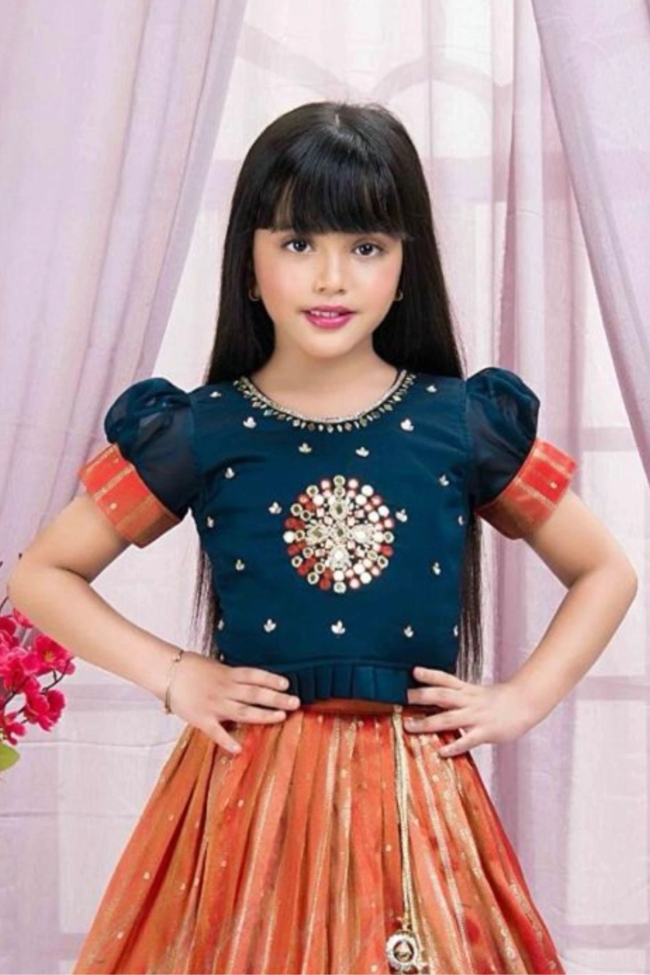 Teal And Orange Embroidered Pattu Pavadai Set For Girls
