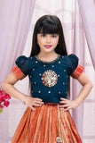Teal And Orange Embroidered Pattu Pavadai Set For Girls