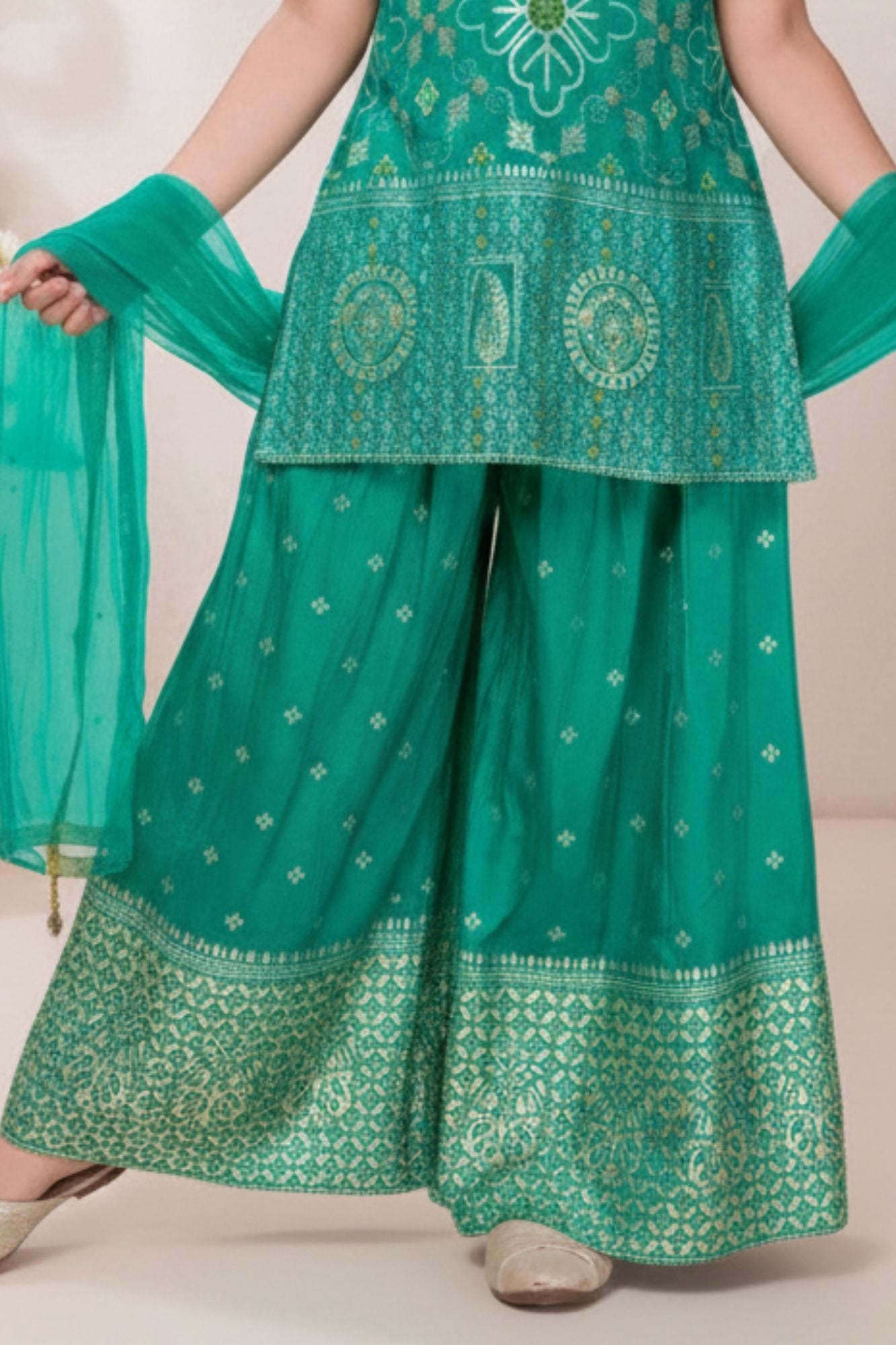 Emerald Green Embroidered Kurti Palazzo Set for Girls