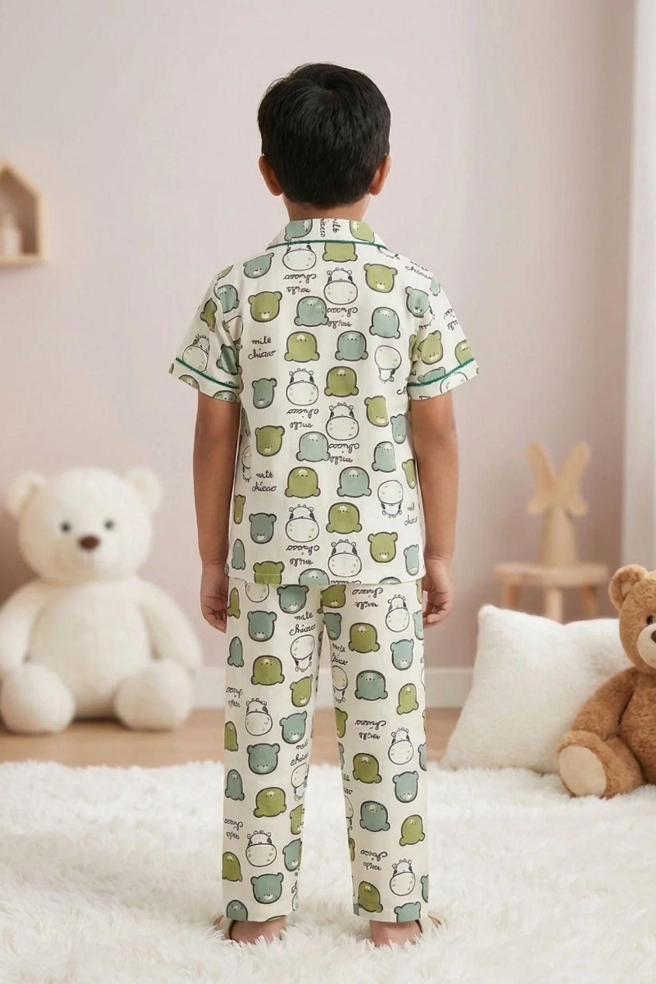 Boys White Cartoon Bear Print Night Suit Set