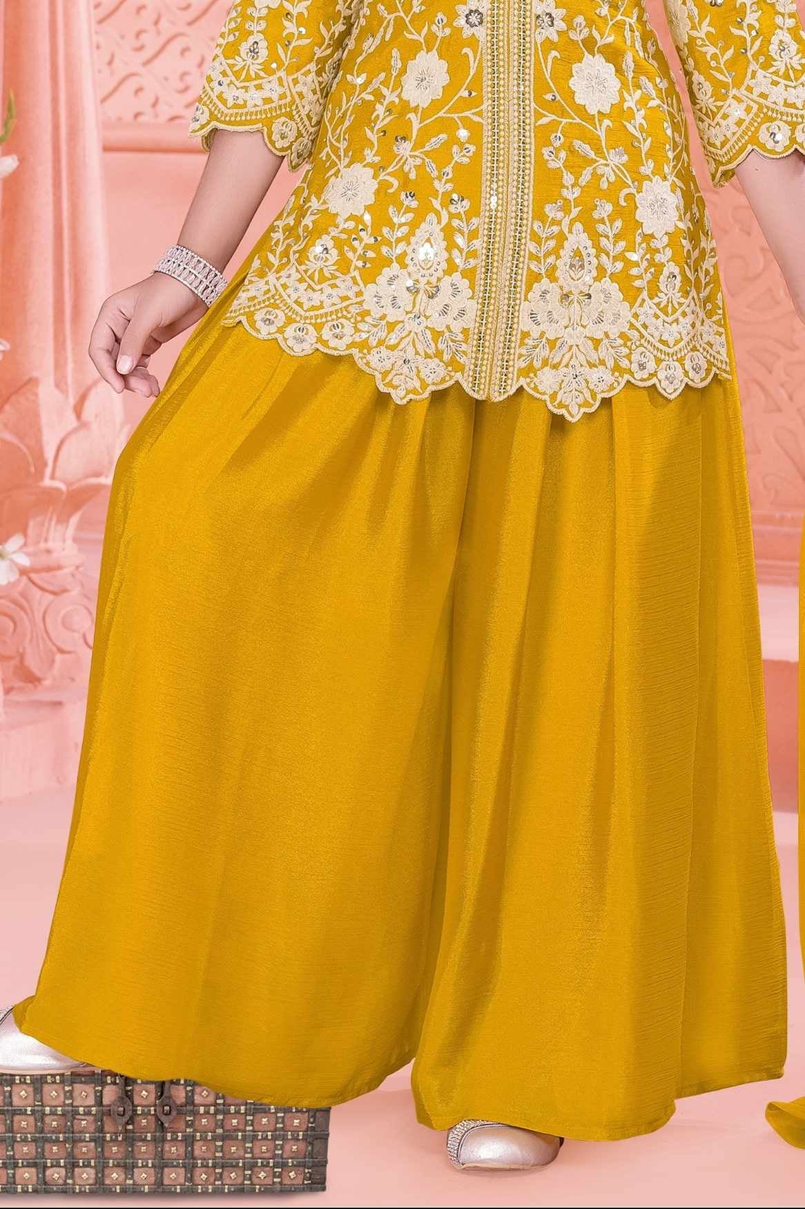 Mustard Yellow Zari Embroidered Palazzo Set For Girls