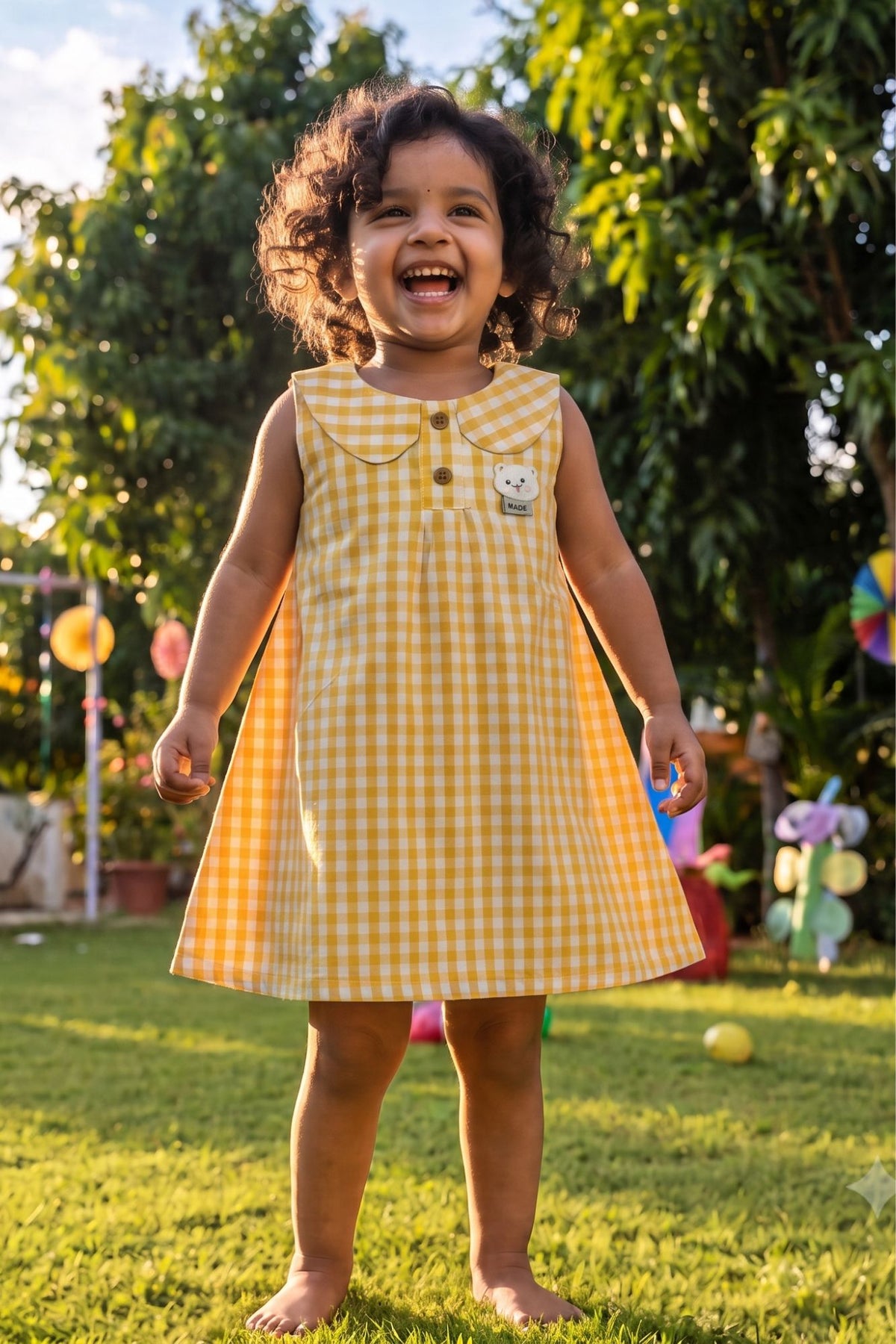 Adorable Girls Yellow Gingham Check Dress with Peter Pan Collar