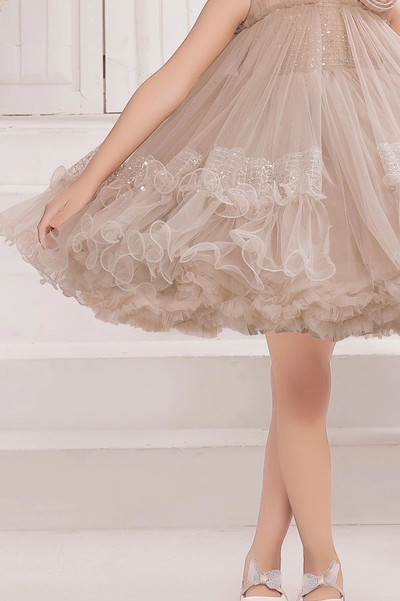 Coffee Party Frock with Sequin Floral Detailing For Girls