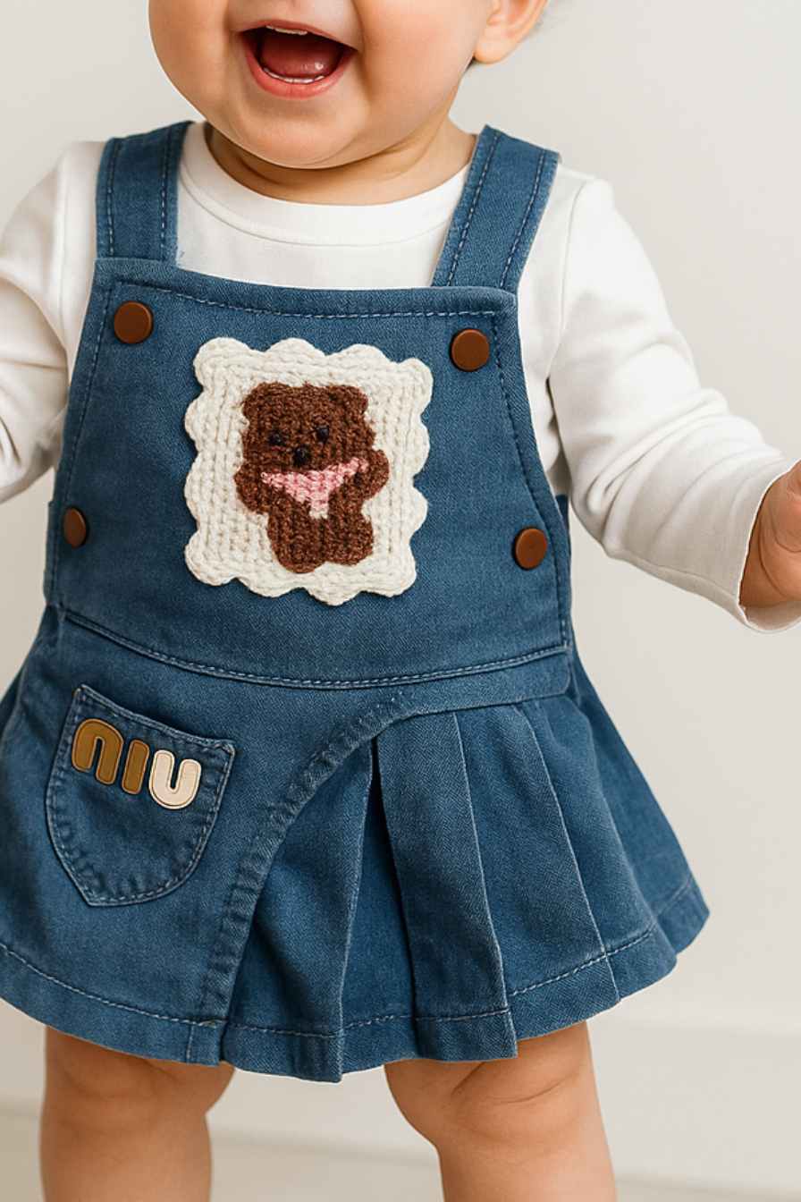Blue Denim Dungaree With White T-Shirt Set For Girls