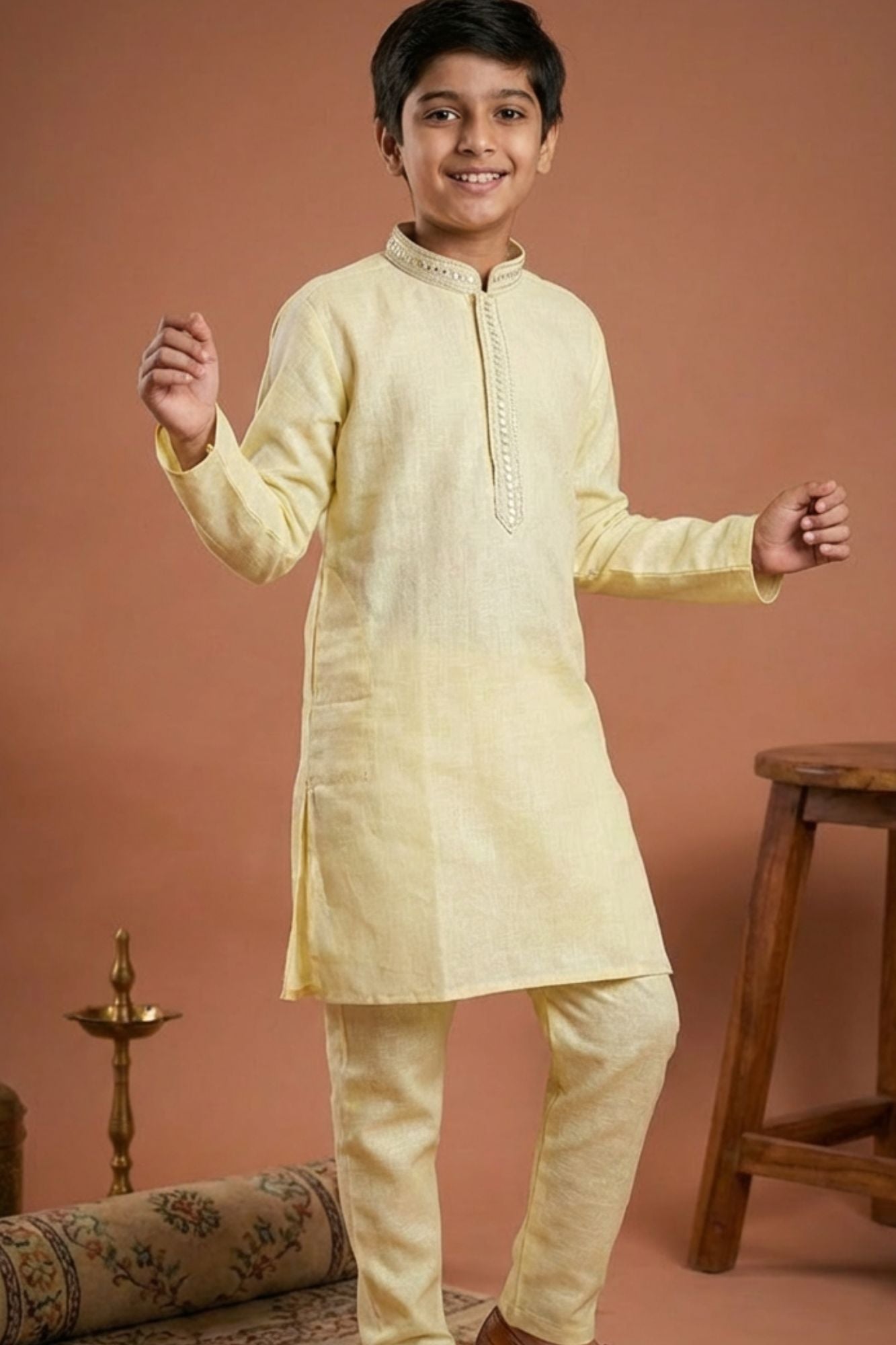 Yellow Embroidered Linen Kurta Set For Boys