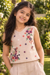 Girls Beige Floral Embroidered Co-ordSet
