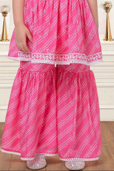 Pink Bandhani Print And Embroidered Top With Sharara Bottom Set For Girls