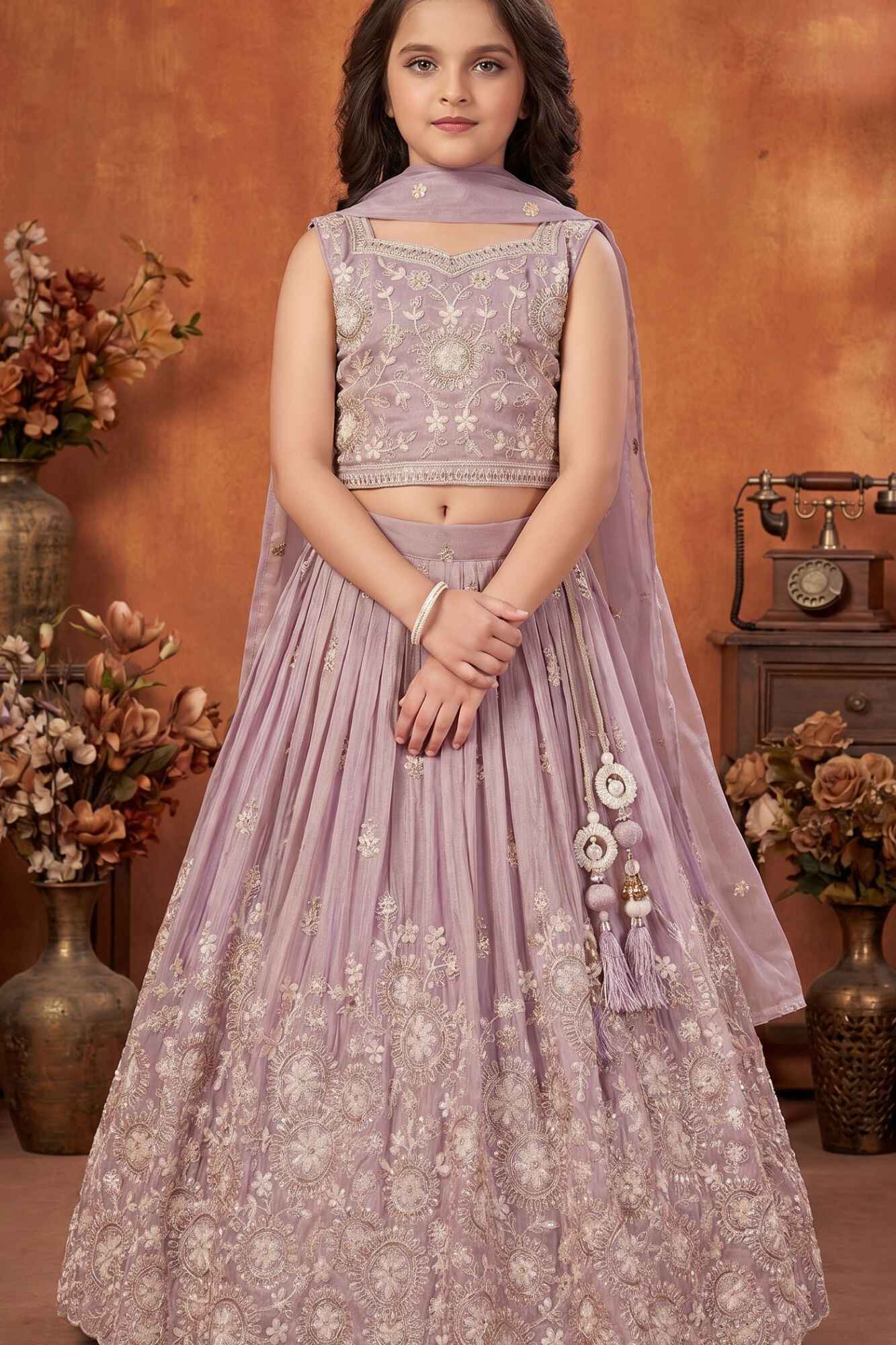 Lavender Embroidered Lehenga Choli Set For Girls With Dupatta