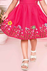 Pink Cotton Frock With Elegant Floral Embroidery For Girls