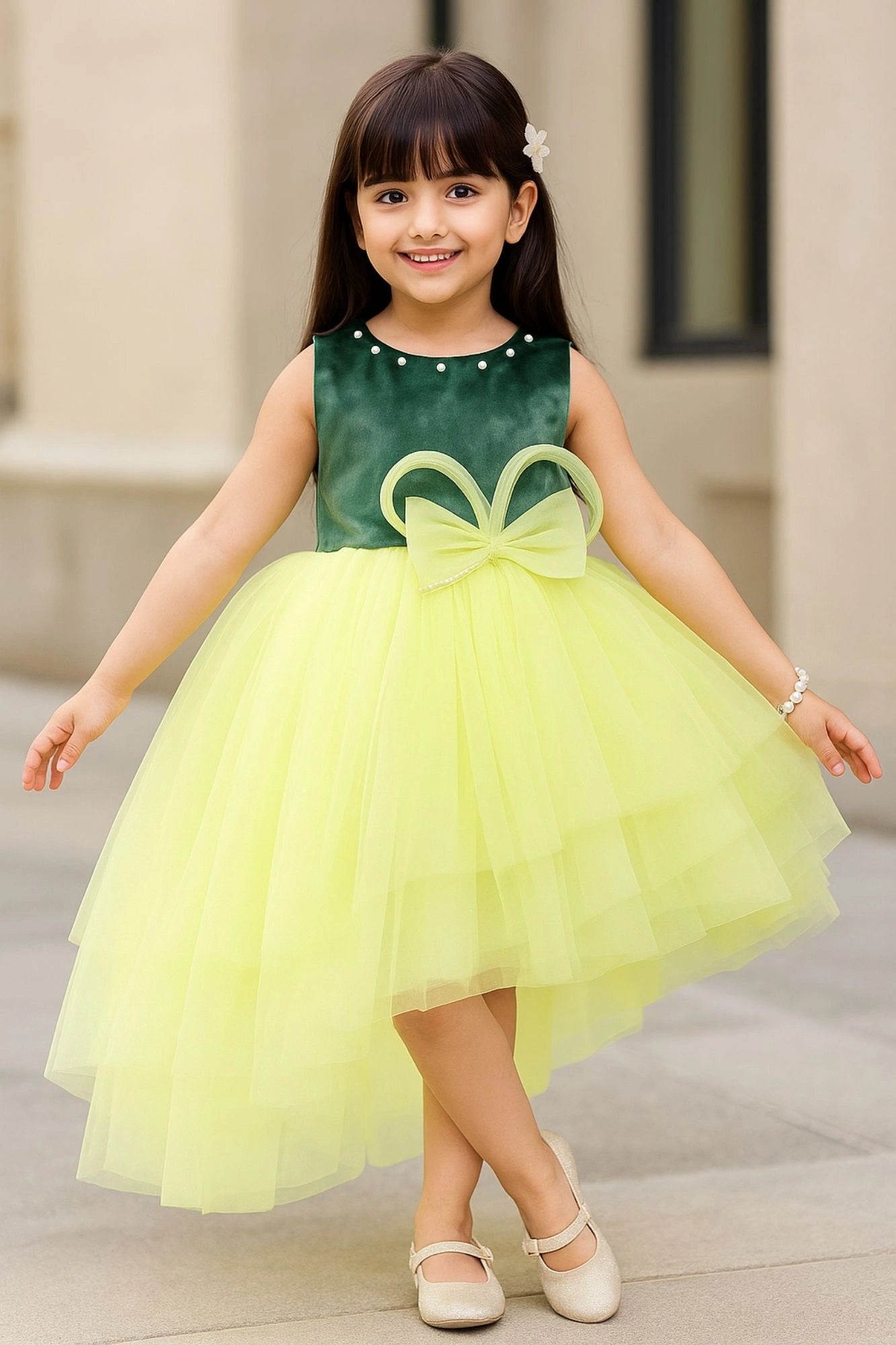 Green And Yellow Party Wear Frock with Layered High-Low Skirt For Girls